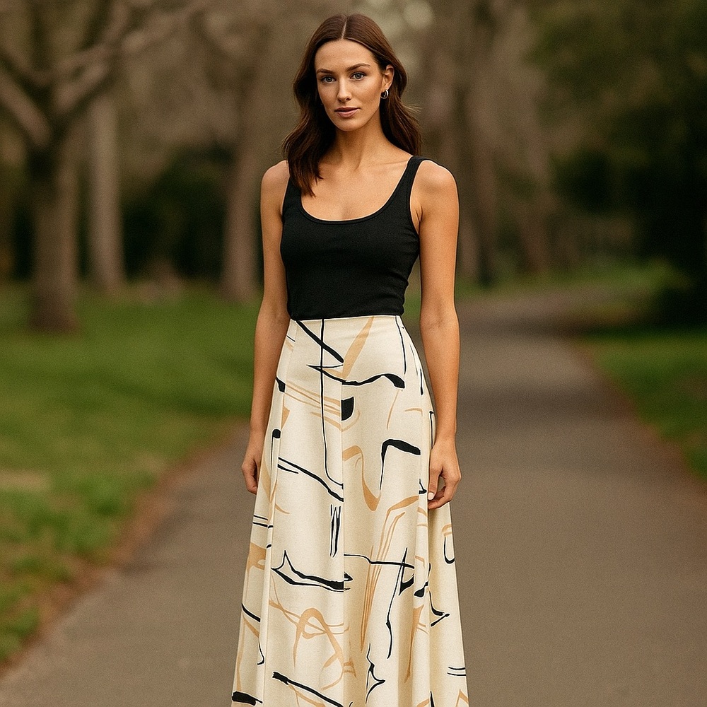 Mada + Stilius Brand Trumpet Skirt Zipper Side EU 44‎ Abstract tan black cream